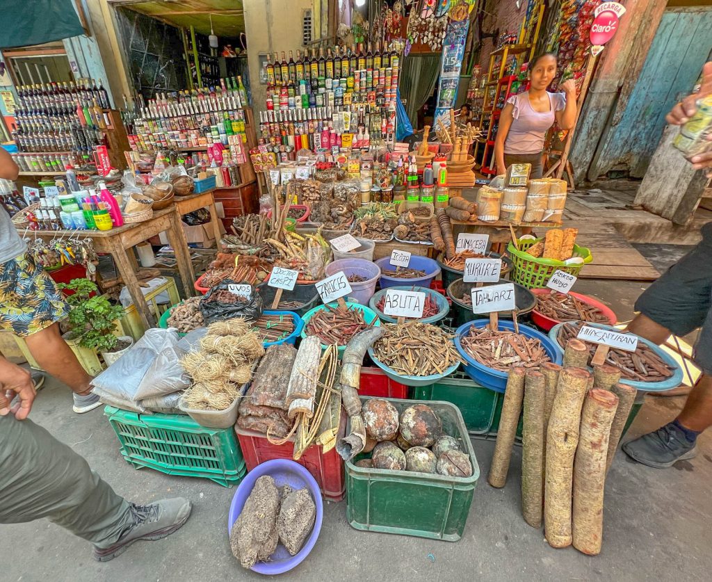 Heilpflanzenstand im Mercado de Belén in Iquitos, Peru. Zwischen den traditionellen Amazonaspflanzen wird auch Katzenkralle (Uncaria tomentosa) als getrocknete Rinde verkauft.
