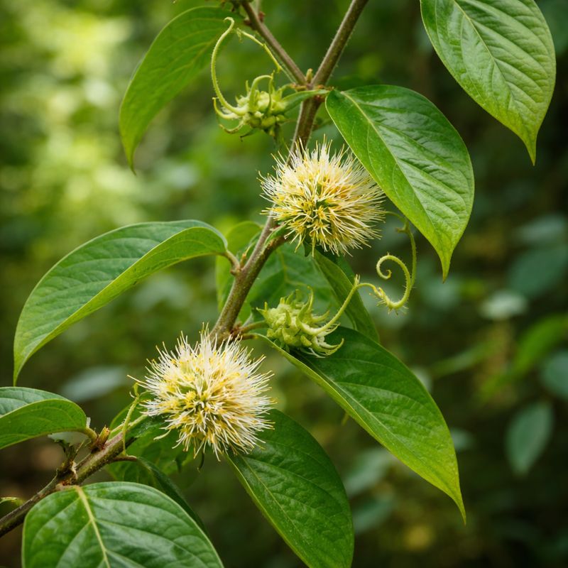 Blühende Katzenkralle (Uncaria tomentosa) im tropischen Regenwald. Die Heilpflanze zeigt kugelförmige cremeweiße Blütenstände, hakenförmige Dornen an den Blattknoten und gegenständig angeordnete, elliptische Blätter.