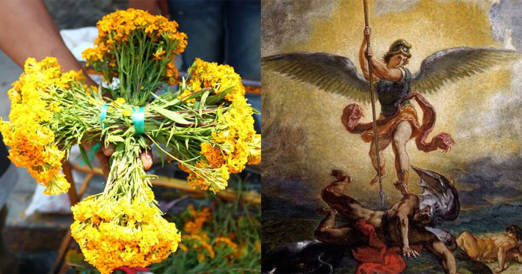 Bildcollage mit einem kreuzförmig gebundenen Strauß aus Tagetes-Blüten und einer Darstellung des Erzengels Michael zum Día de San Miguel in Mexiko.