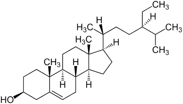 Strukturformel von β-Sitosterol, einem pflanzlichen Sterol. Die chemische Darstellung zeigt das für Sterole typische Ringsystem mit einer Hydroxylgruppe (OH) sowie einer verzweigten Kohlenwasserstoff-Seitenkette. Kohlenstoff-, Wasserstoff- und Methylgruppen (CH₃) sind entsprechend der chemischen Nomenklatur gekennzeichnet.