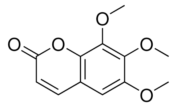 Strukturformel von Dimethylfraxetin mit einem Cumarin-Grundgerüst und drei Methoxygruppen.