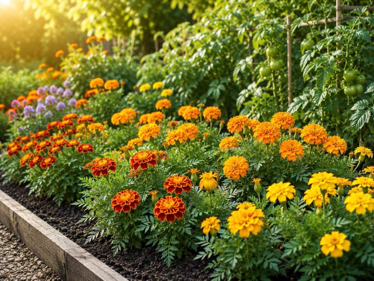 Blühendes Tagetes-Beet mit gelben, orangefarbenen und rot-gelben Studentenblumen in einem Gemüsegarten.