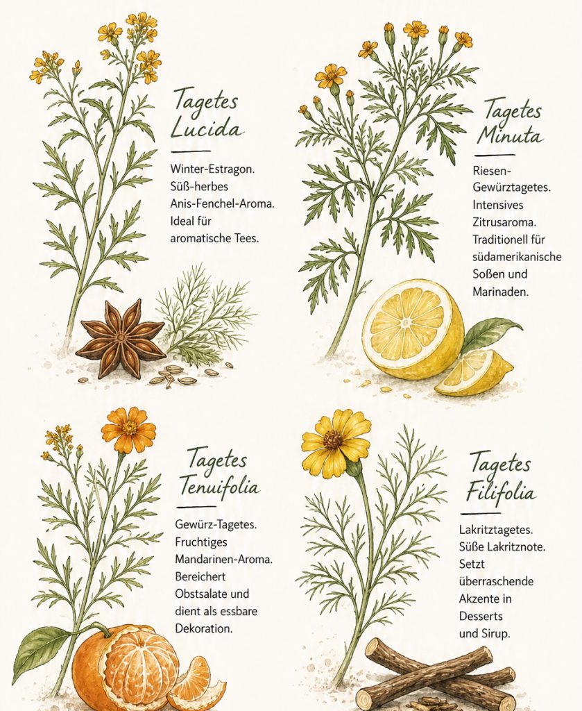 Infografik mit botanischen Zeichnungen von vier essbaren Tagetes-Arten und ihren charakteristischen Aromen. Oben links ist Tagetes lucida (Winter-Estragon) mit einem süß-herben Anis- und Fenchelaroma dargestellt, ergänzt durch eine Sternanisfrucht und Fenchel. Oben rechts zeigt Tagetes minuta (Riesen-Gewürztagetes) mit intensivem Zitrusaroma, illustriert durch eine halbierte Zitrone. Unten links ist Tagetes tenuifolia (Gewürztagetes) mit fruchtigem Mandarinenaroma abgebildet, begleitet von einer Mandarine. Unten rechts zeigt Tagetes filifolia (Lakritztagetes) mit süßer Lakritznote, ergänzt durch Lakritzholz. Die Infografik verdeutlicht die geschmackliche Vielfalt verschiedener Tagetes-Arten und ihre Verwendung als aromatische Küchenkräuter.