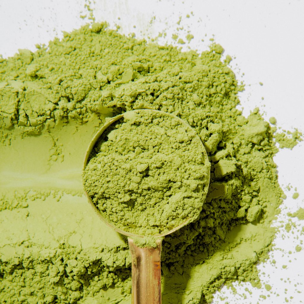 Messlöffel mit fein gemahlenem Matcha-Pulver (Camellia sinensis) auf weißem Hintergrund.