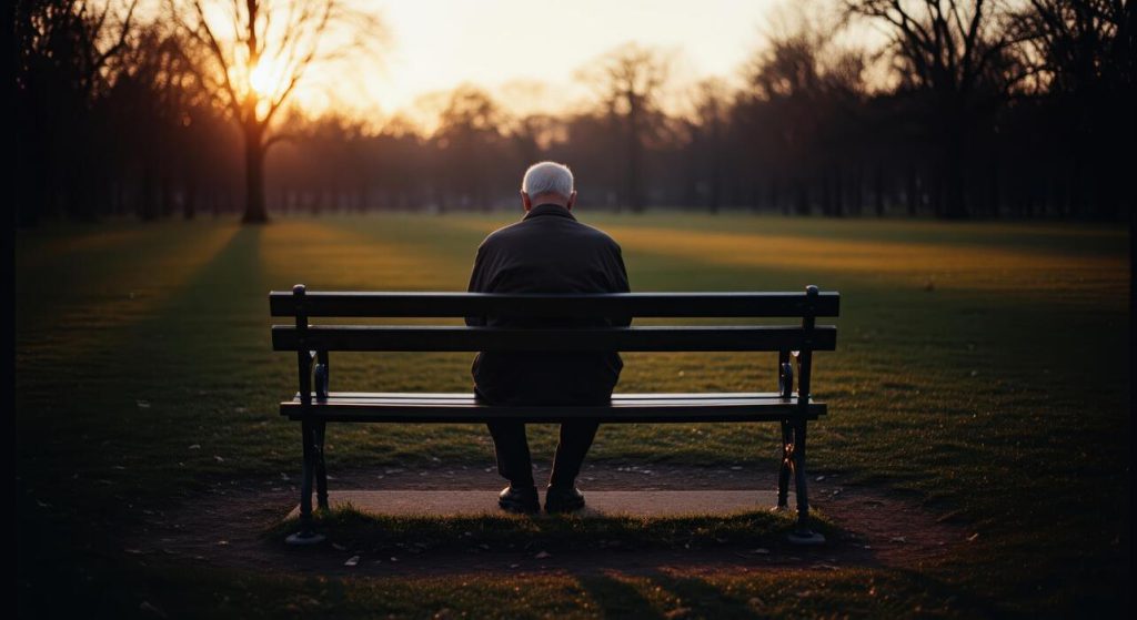 Älterer grauhaariger Mann sitzt allein auf einer Parkbank und blickt bei Sonnenuntergang über eine Wiese.