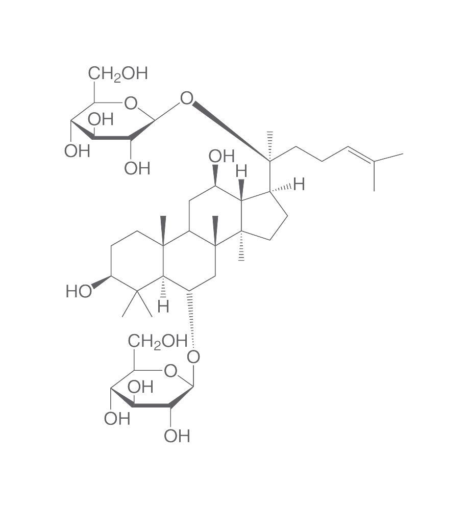 Strukturformel von Ginsenosid Rg1 – natürliches Triterpensaponin aus Ginseng mit charakteristischer chemischer Molekülstruktur.