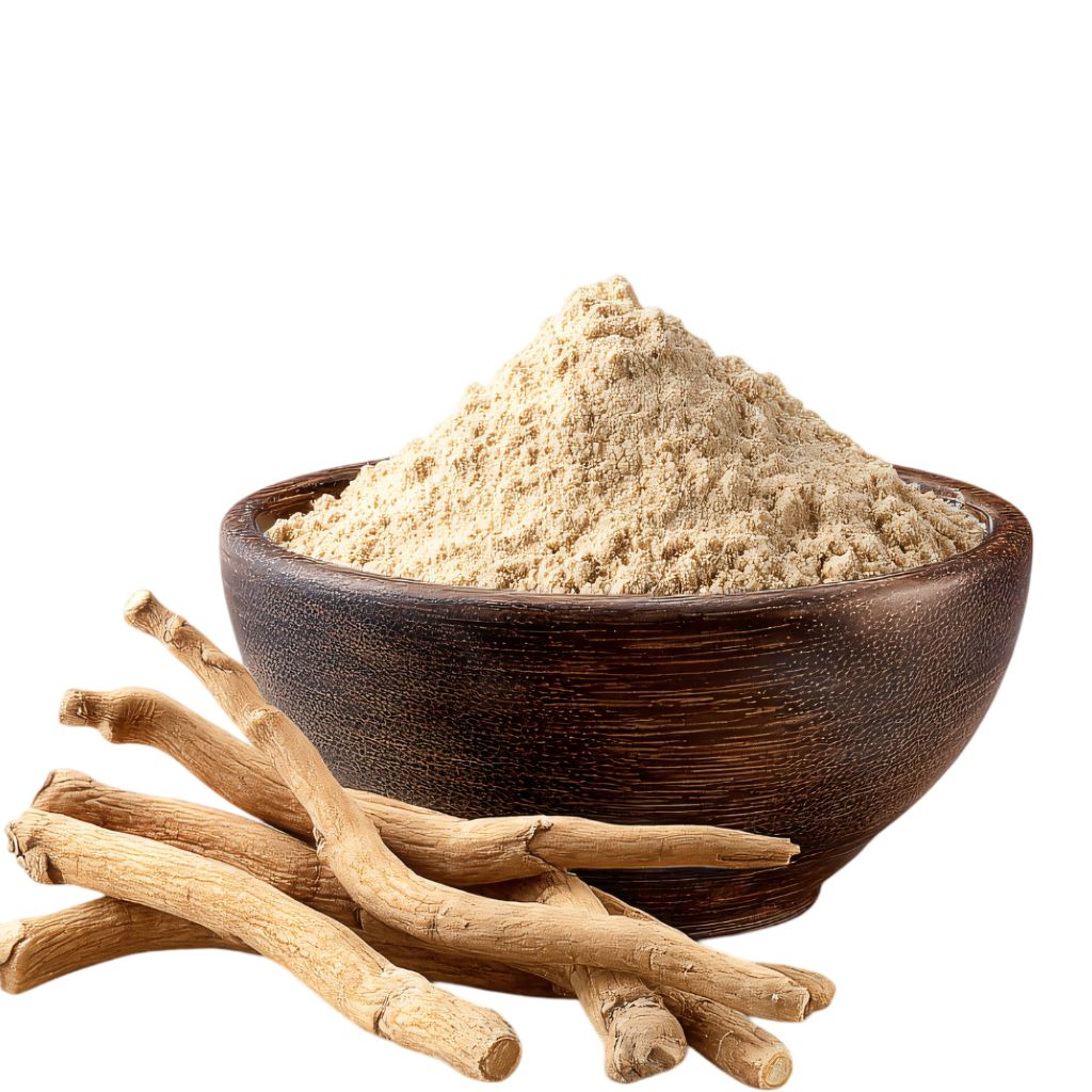 Ashwagandha-Pulver (Withania somnifera) in einer Holzschale mit getrockneten Ashwagandha-Wurzeln.