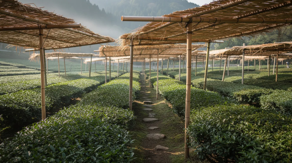 Schattierte Teepflanzen (Camellia sinensis) auf einer Matcha-Plantage mit traditionellen Bambusdächern.