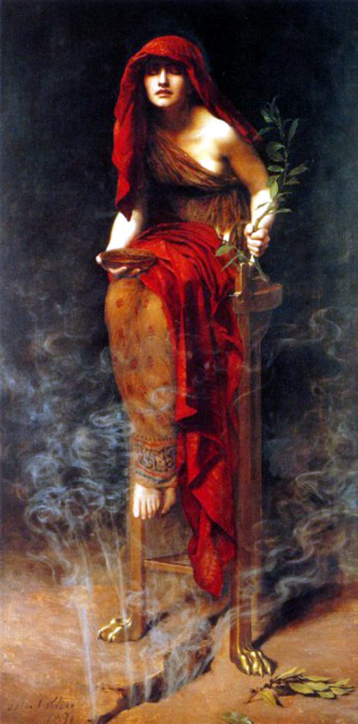 Gemälde einer Priesterin von Delphi in rotem Gewand, die auf einem Dreifuß sitzt und einen Lorbeerzweig hält, umgeben von aufsteigendem Rauch.