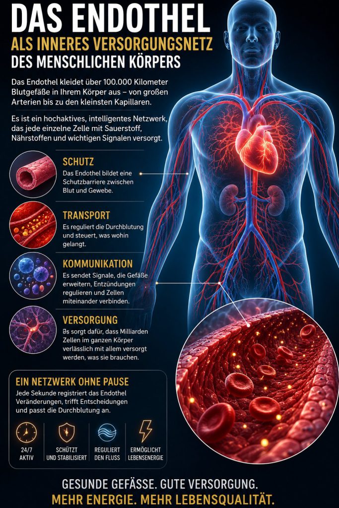 Infografik zum Endothel als inneres Versorgungsnetz des Körpers mit Darstellung des menschlichen Gefäßsystems, Herz, Blutgefäßen und Funktionen wie Schutz, Transport, Kommunikation und Versorgung.