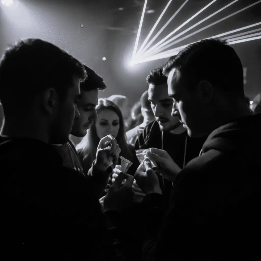Technoszene und Drogenkonsum: Menschen mit Substanzen auf einer Techno-Party im Nachtclub.