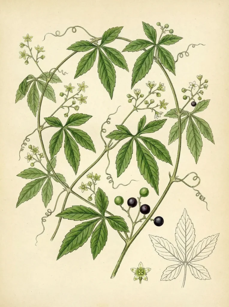 Botanische Illustration von Jiaogulan (Gynostemma pentaphyllum) mit fünfteiligen Blättern, Blüten, Ranken und reifen schwarzen Beerenfrüchten.