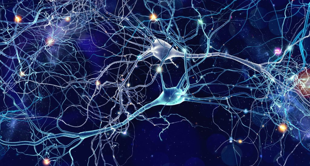 Ketamin-Wirkung im Gehirn: Illustration von Nervenzellen, neuronalen Verbindungen und Signalübertragung.