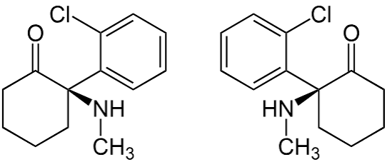 Ketamin-Strukturformel: chemische Darstellung der beiden Enantiomere S-Ketamin und R-Ketamin.
