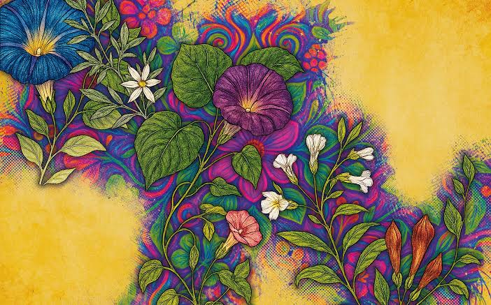 Botanische Illustration mit farbenfrohen Blüten, Heilpflanzen und grünen Blättern vor gelbem Hintergrund in psychedelischem Stil.