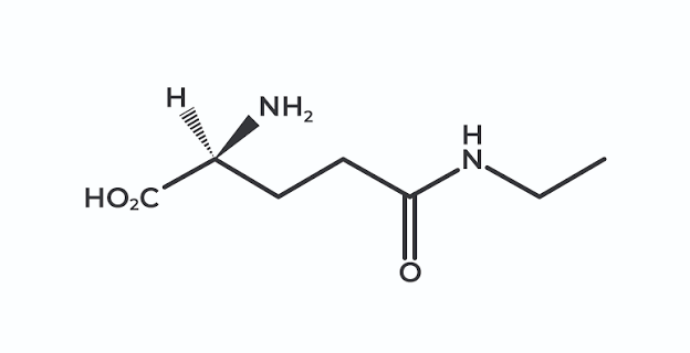 Strukturformel von L-Theanin, einer natürlich vorkommenden Aminosäure aus der Teepflanze Camellia sinensis.