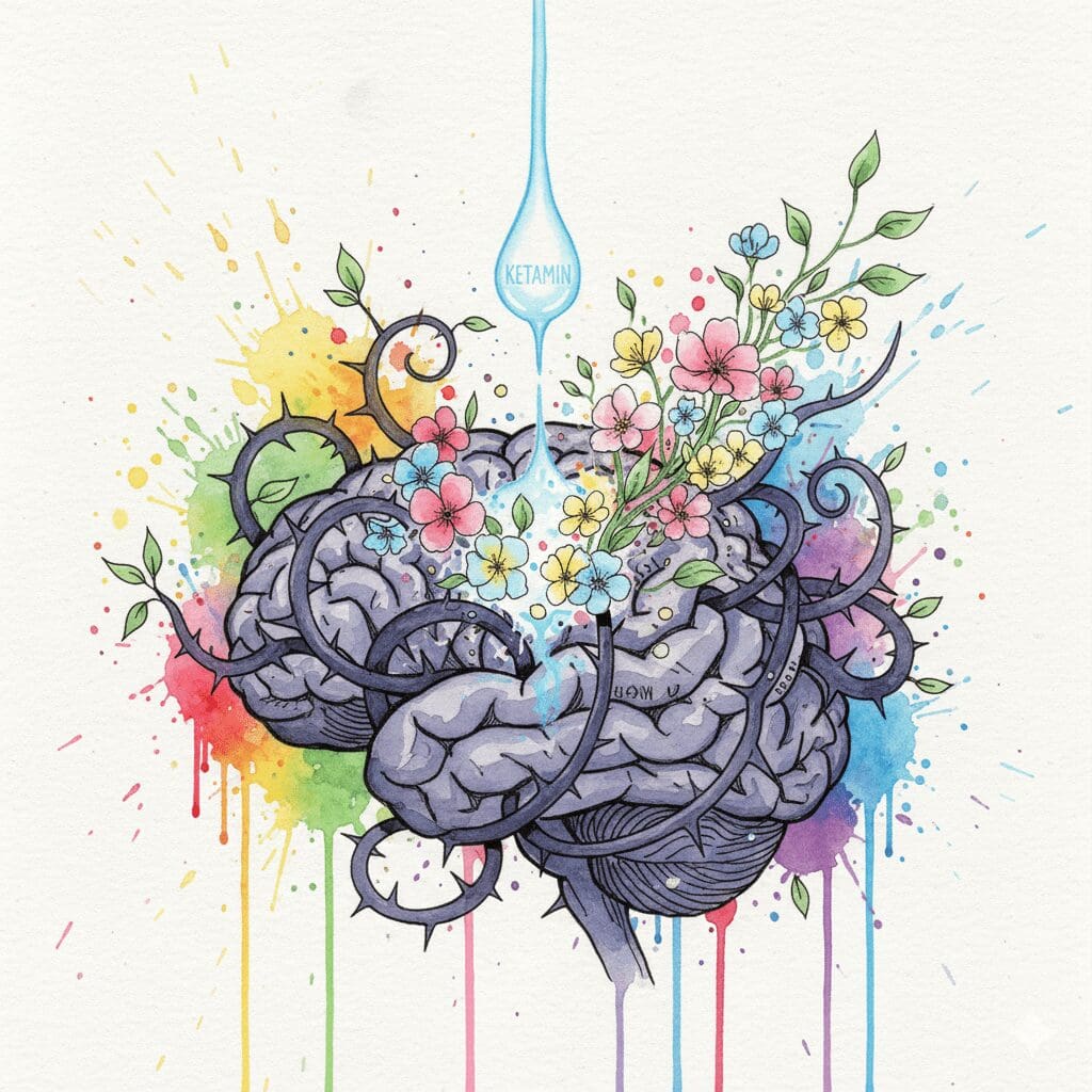 Illustration eines Gehirns mit Blumen und Ketamin-Infusion als Symbol für Ketamin-gestützte Psychotherapie und Neuroplastizität