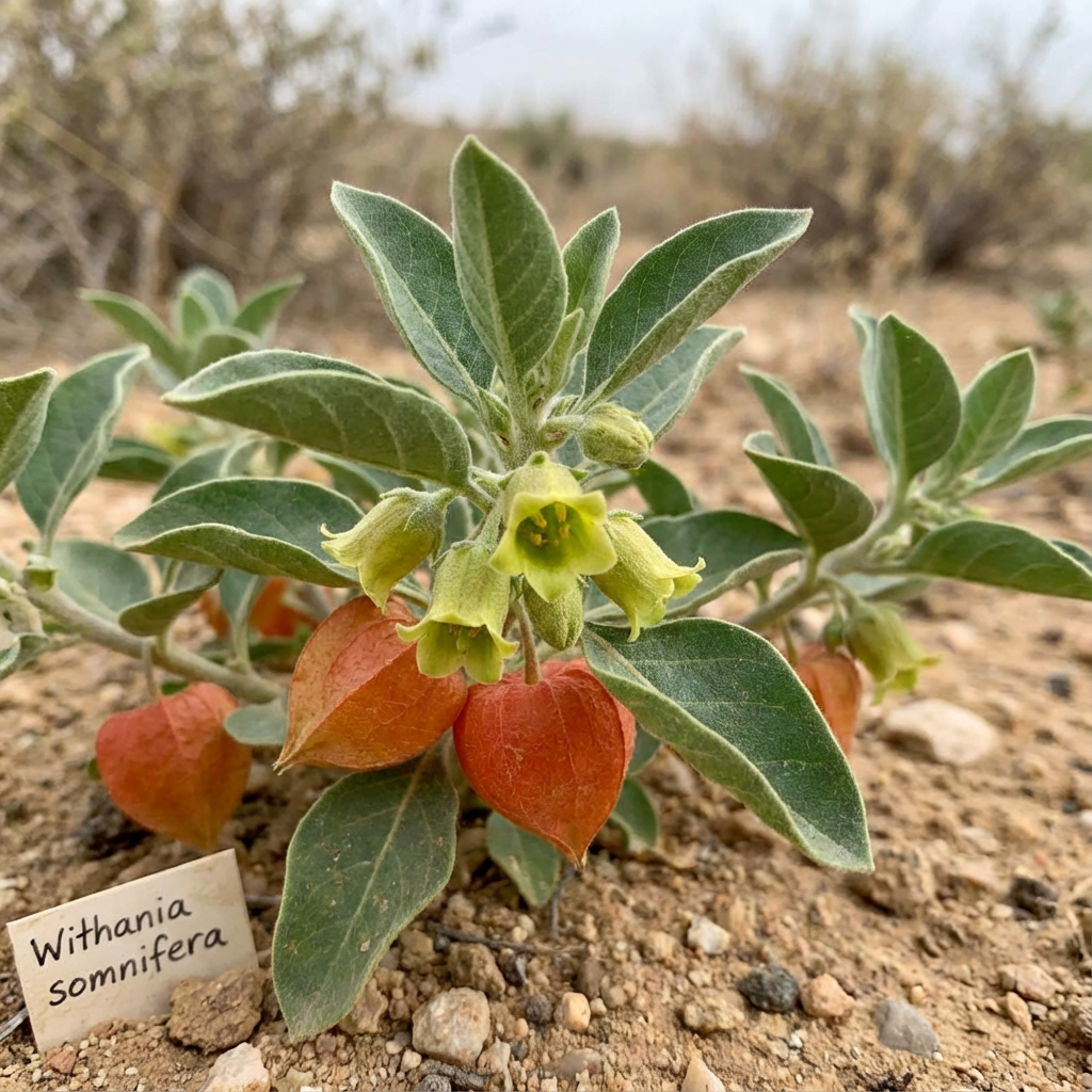 Ashwagandha (Withania somnifera, Schlafbeere) – Heilpflanze mit Blüten und reifenden Früchten in ihrem natürlichen Lebensraum.