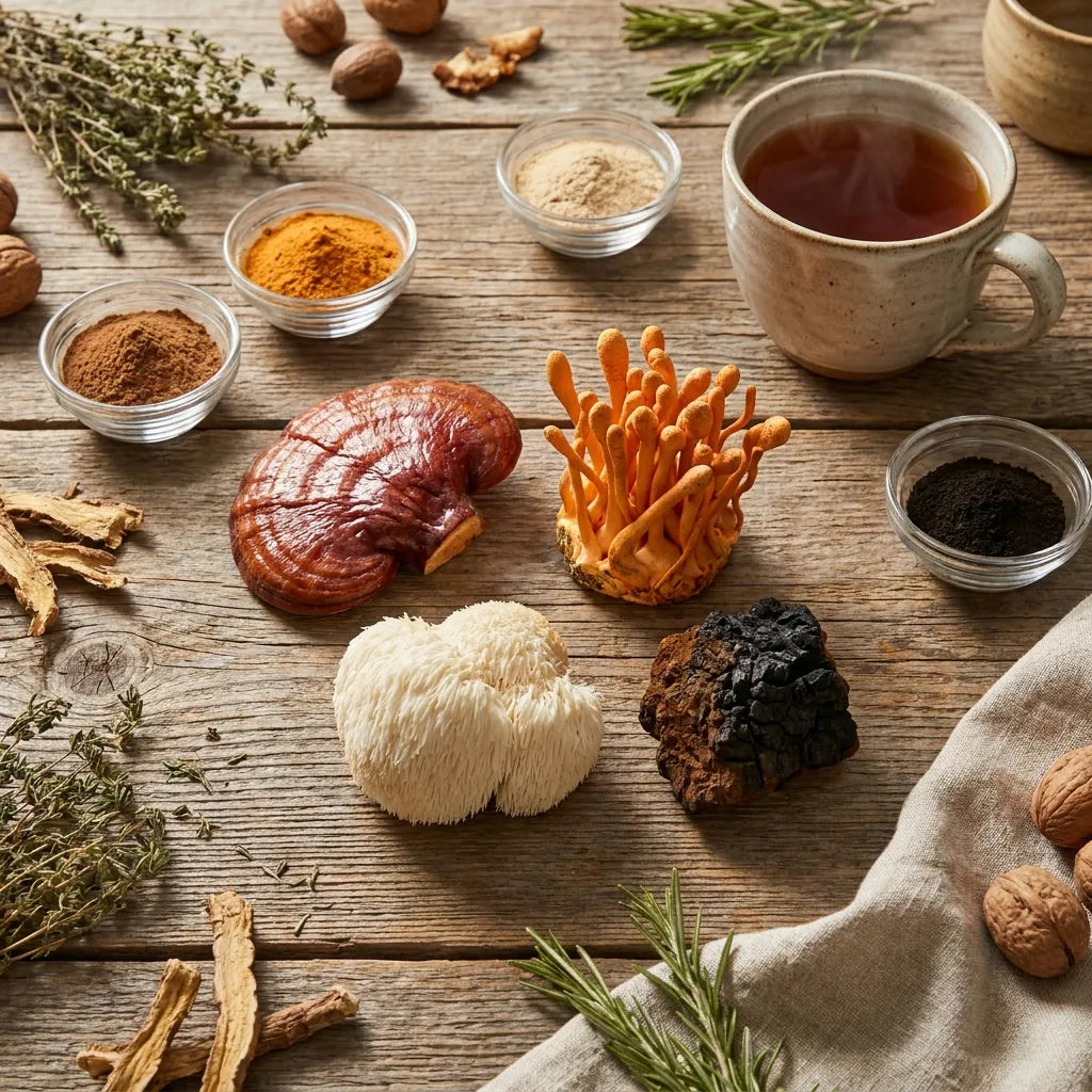 Verschiedene Vitalpilze wie Reishi, Hericium, Cordyceps und Chaga mit Pilzpulvern und einer Tasse Tee auf einem Holztisch.