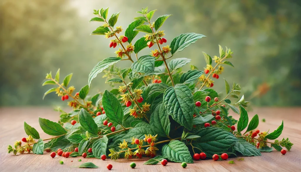 Ashwagandha (Withania somnifera) mit grünen Blättern, gelblichen Blüten und roten Beeren auf einer Holzoberfläche.