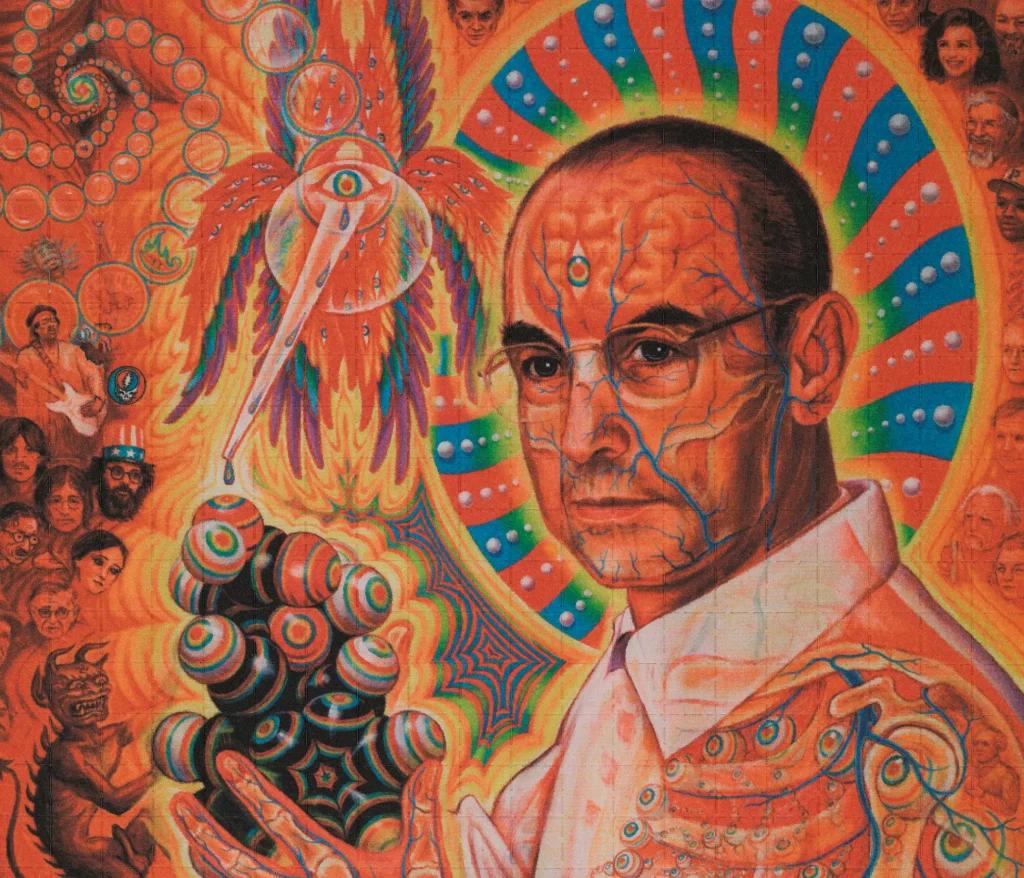 LSD-Blotter mit psychedelischer Illustration von Albert Hofmann, aufgeteilt in einzelne perforierte Trips mit farbenfrohen LSD-Motiven