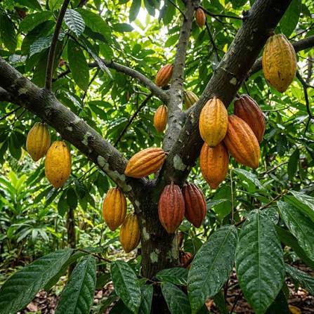 Kakaobaum (Theobroma cacao) mit reifen und unreifen Kakaofrüchten, die direkt am Stamm und an den Ästen wachsen
