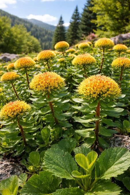 Rosenwurz (Rhodiola rosea) mit gelb-orangefarbenen Blütenständen in einer sonnigen alpinen Berglandschaft.