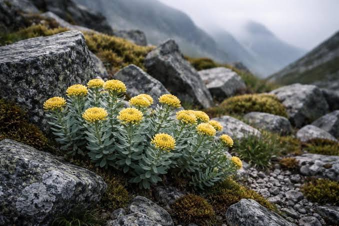 Rosenwurz (Rhodiola rosea) mit gelben Blütenständen zwischen Felsen in einer kargen, nebelverhangenen Gebirgslandschaft.