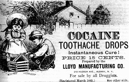 Historische Werbung für kokainhaltige Zahnschmerztropfen der Lloyd Manufacturing Company aus dem späten 19. Jahrhundert