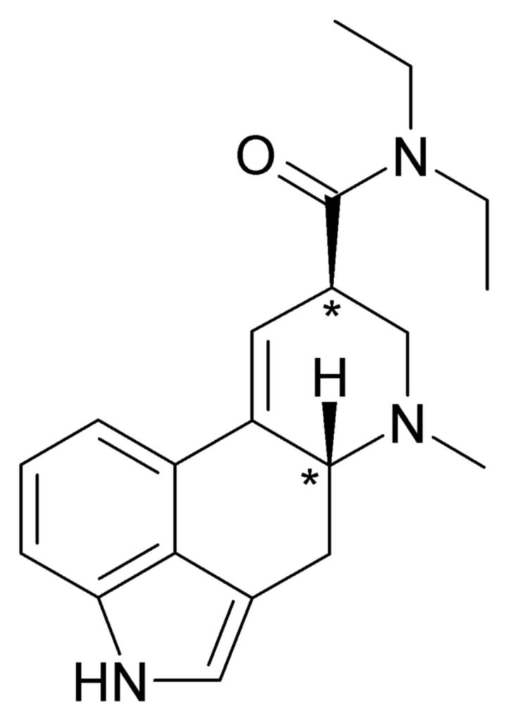 Chemische Strukturformel von LSD (Lysergsäurediethylamid) mit Ergolin-Grundgerüst und markierten Stereozentren
