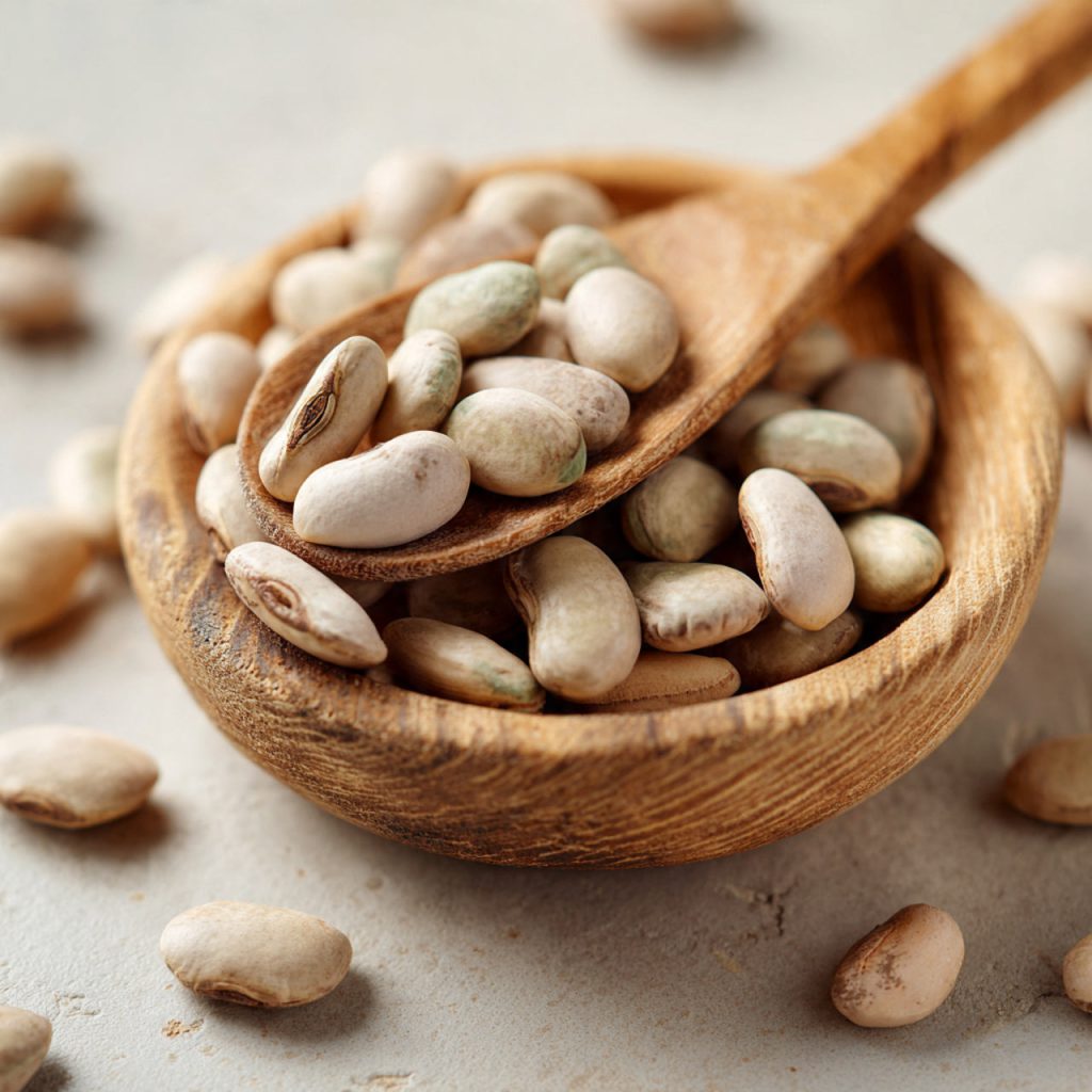 Samtbohnen-Samen (Mucuna pruriens) in einer Holzschale mit Löffel